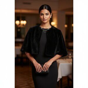 NWOT WHBM Black Faux Fur Bolero Chevron Shrug Jacket S